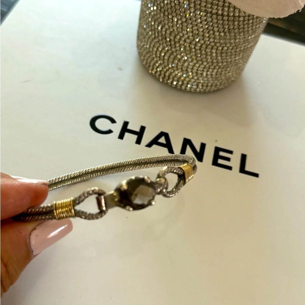 Quartz genuine gemstone brown sterling silver .925 gold accent bangle bracelet